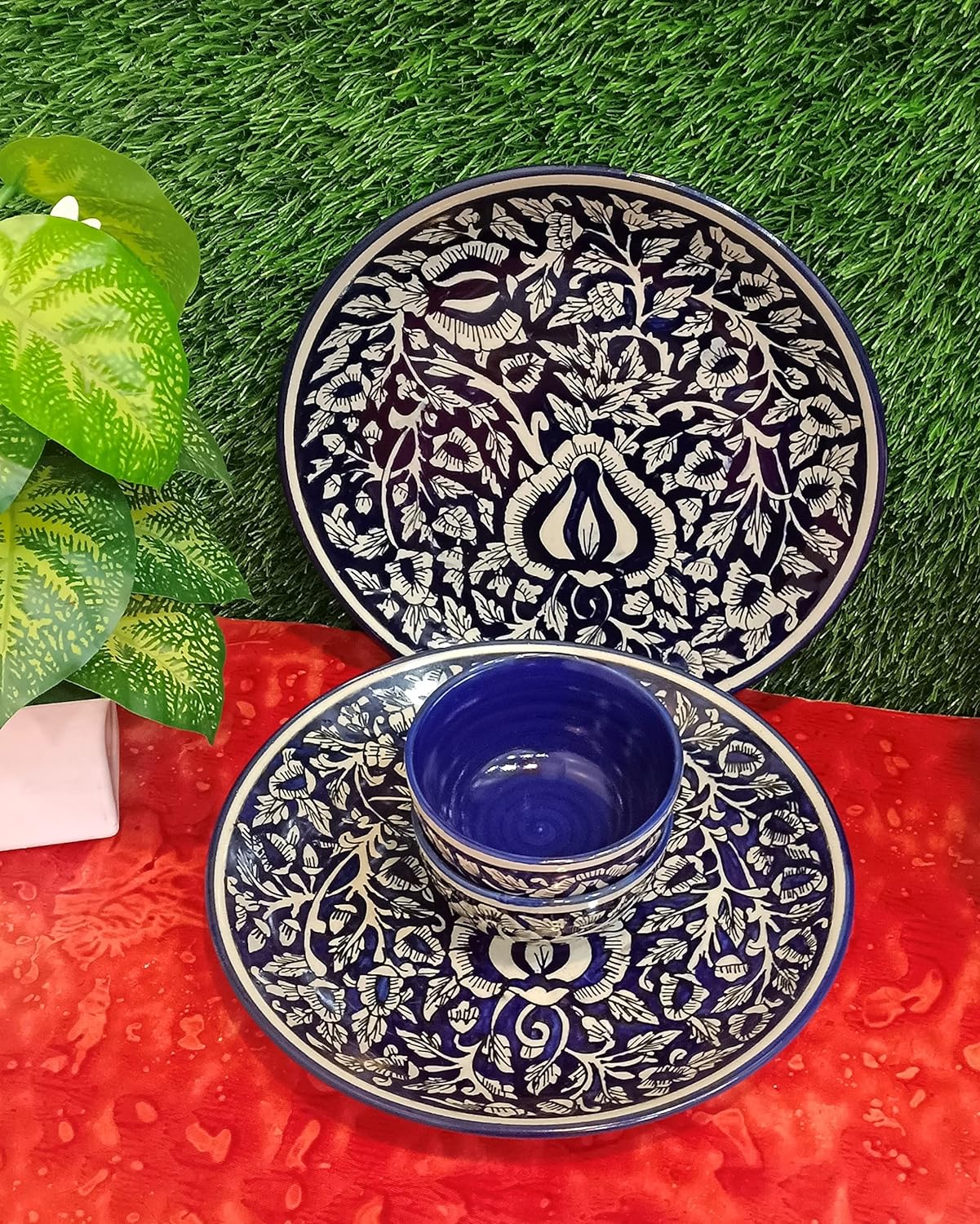 Caffeine Ceramic Stoneware Handmade Blue Mughal Combo Dinner Set of 8 . - Caffeine Premium Stoneware