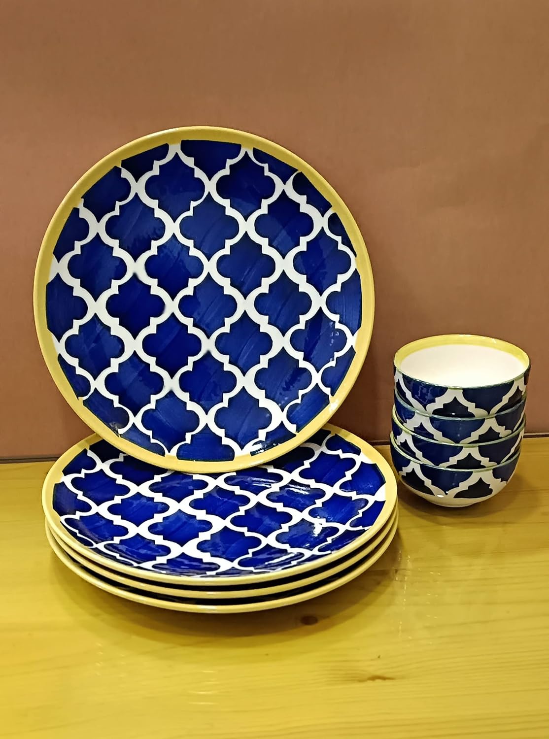 Caffeine Ceramic Stoneware Handmade Blue Umrao Combo dinner set of 8