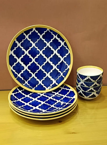 Caffeine Ceramic Stoneware Handmade Blue Umrao Combo dinner set of 8