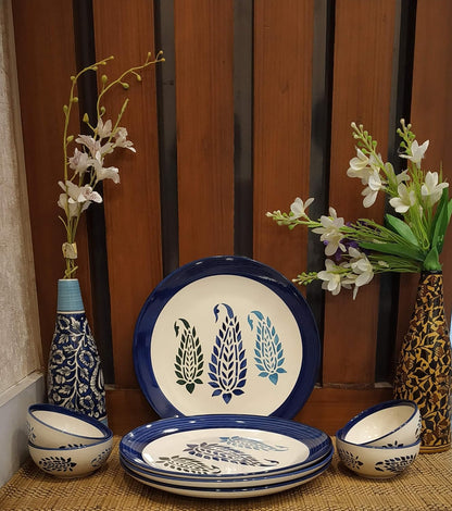Caffeine Ceramic Handmade Blue Boota Combo Dinner Set (10 pcs.)