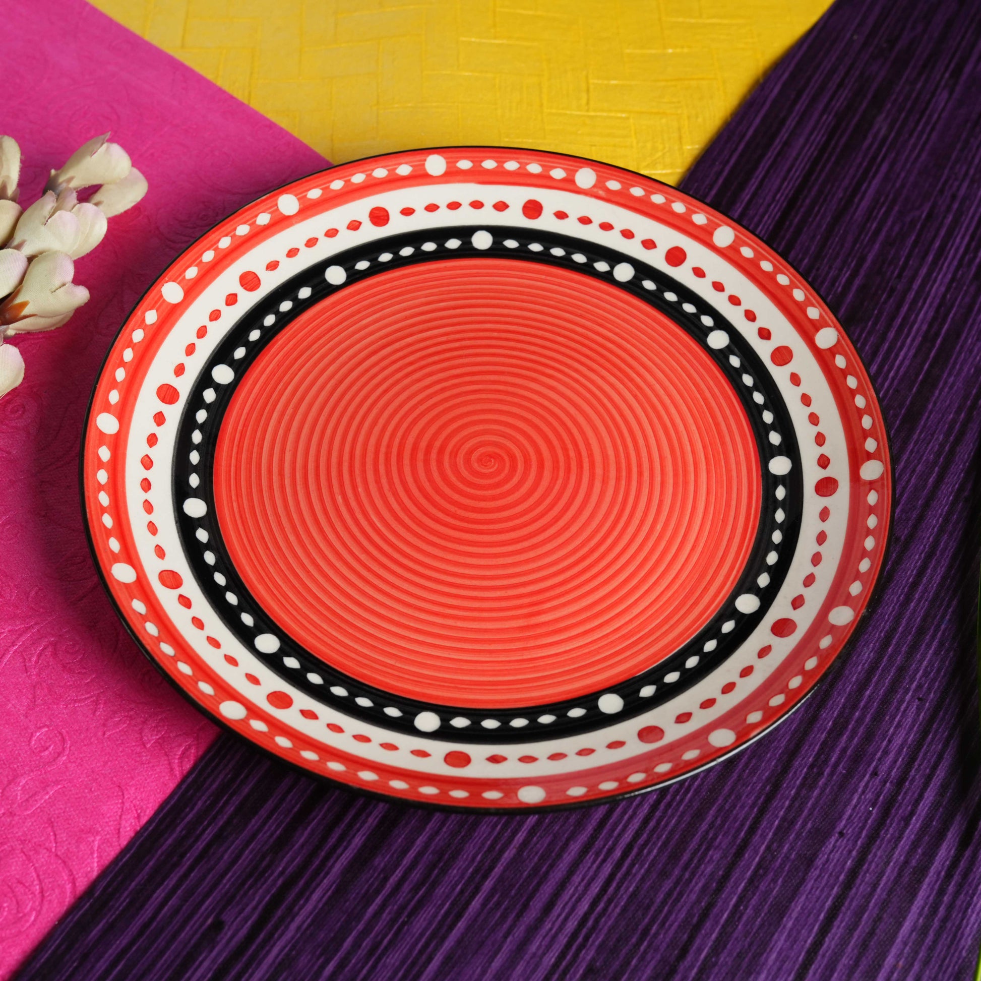 Caffeine Ceramic Handmade Red & Black Dotted Dinner Plate set of 4 - Caffeine Premium Stoneware