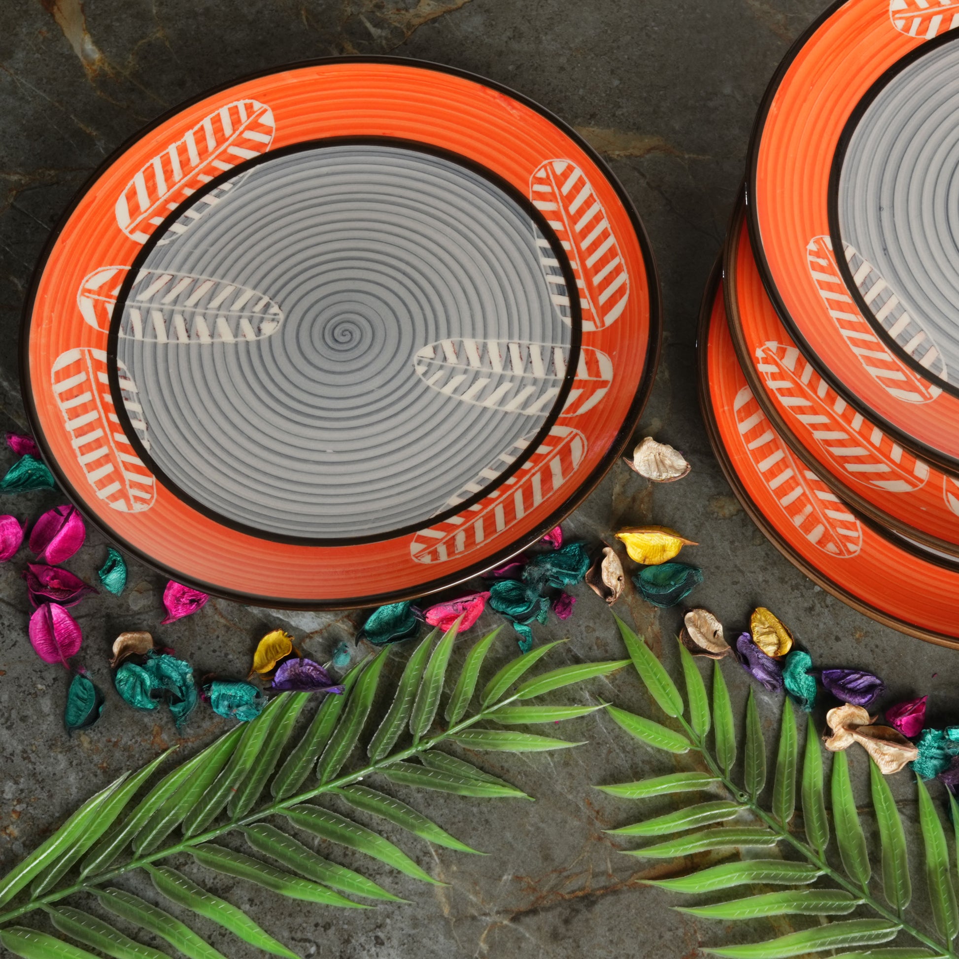 Caffeine Ceramic Handmade Stoneware Orange Leaf Printed Dinner Plate10 inch Set of 6  (Microwave & Dishwasher Safe) - Caffeine Premium Stoneware