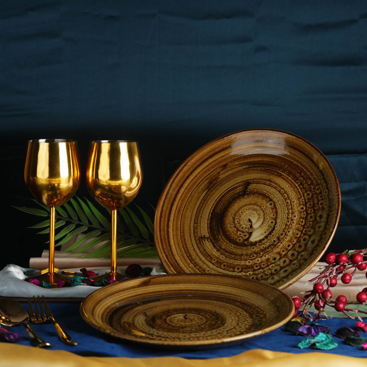 Caffeine Ceramic Handmade Stoneware Brown Wood Print Dinner Plate set of 4 - Caffeine Premium Stoneware