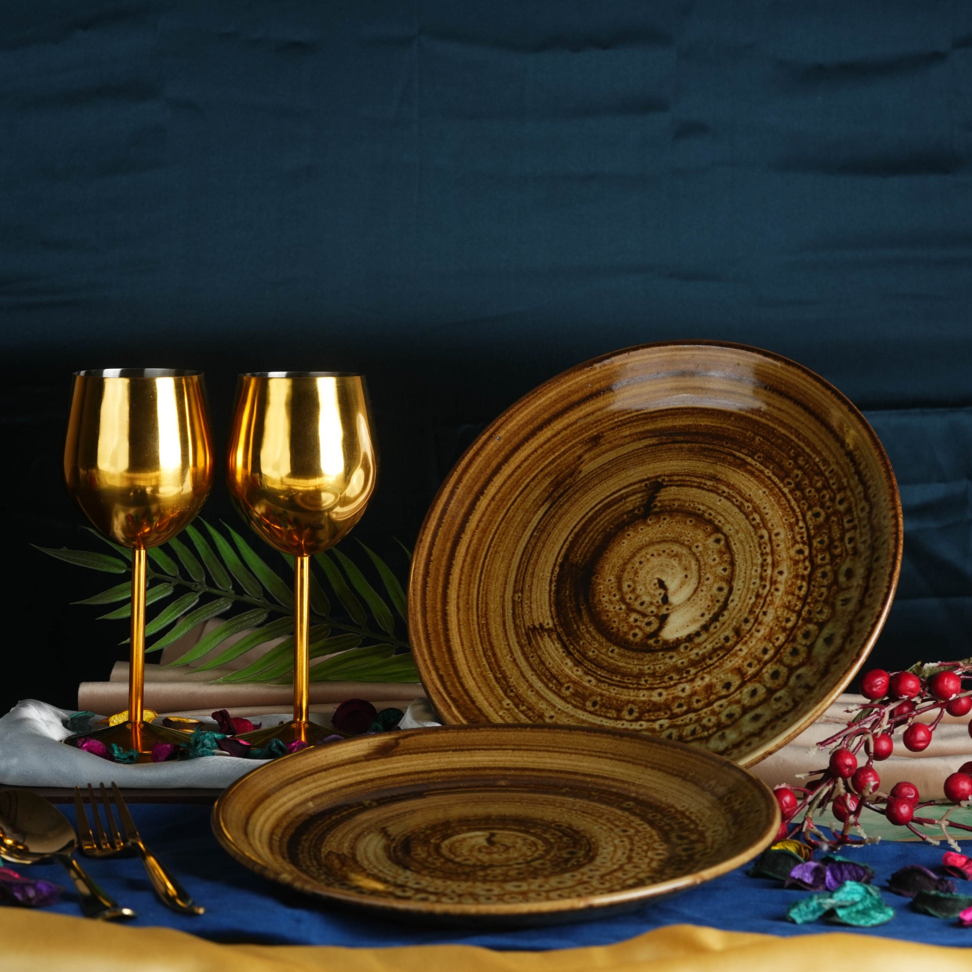 Caffeine Ceramic Handmade Stoneware Brown Wood Print Dinner Plate set of 4 - Caffeine Premium Stoneware