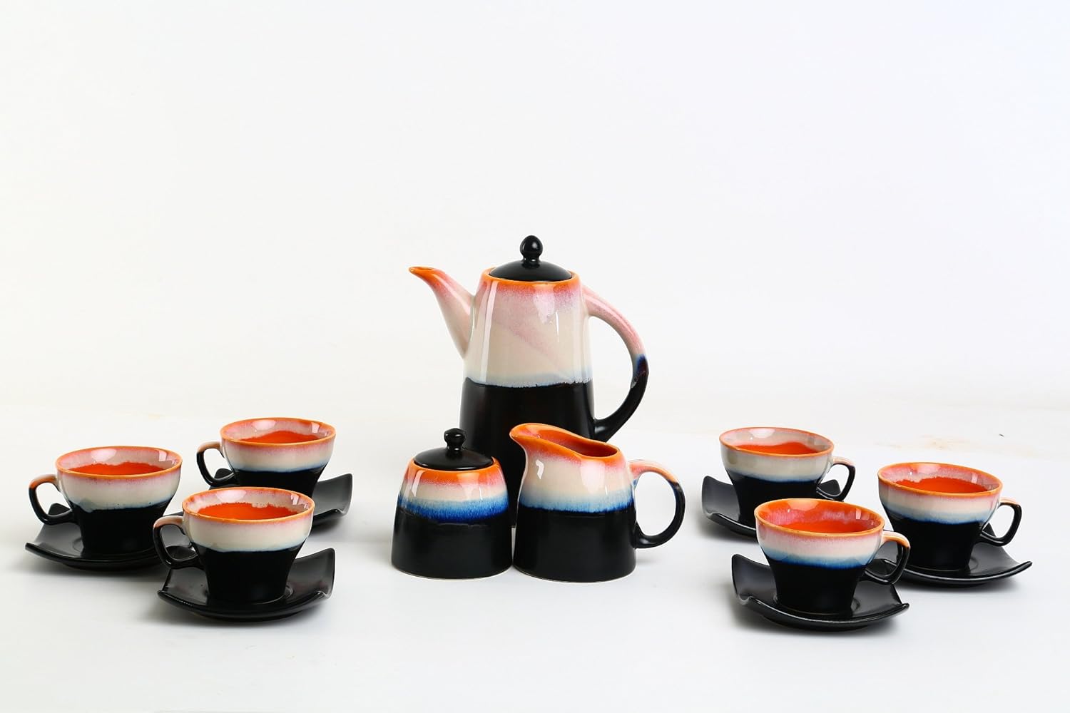 Caffeine Ceramic Handmade Stoneware Pink and Black Studio Tea Set of 15 - Caffeine Premium Stoneware
