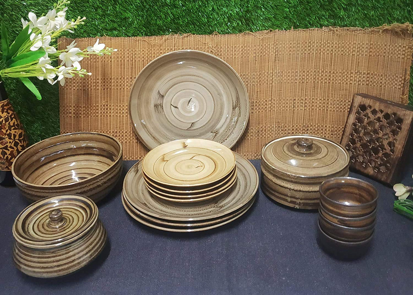 Caffeine Ceramic Handmade Stoneware Wooden Brown Combo Dinner Set of 15