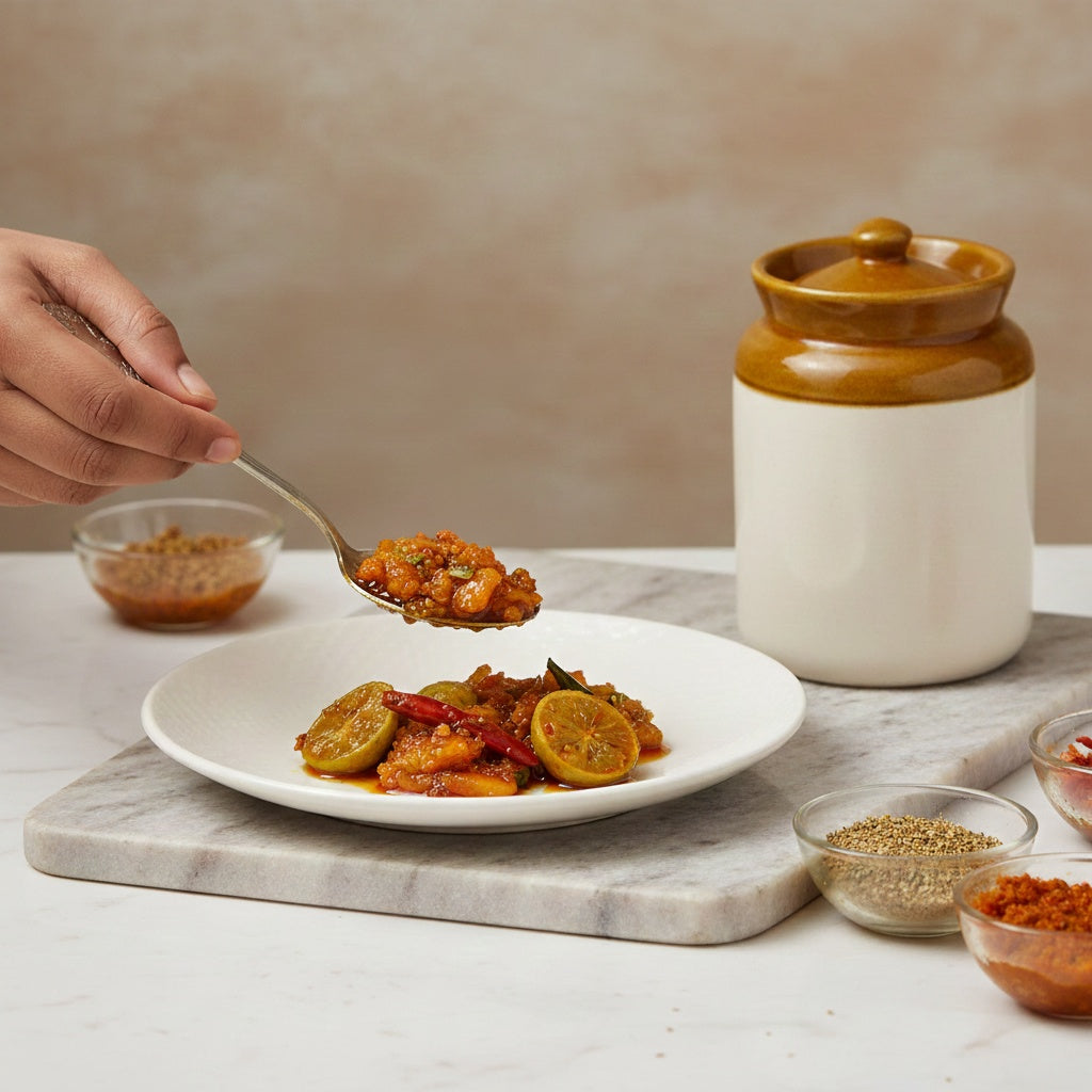 Person serving food from a plate with a spoon, surrounded by various spices and a ceramic container on a marble surface.