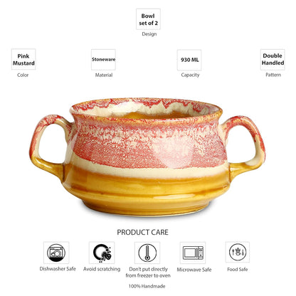 Caffeine Ceramic Pink & mustard Double Handle Soup Bowl with Spoon set of 2 - Caffeine Premium Stoneware