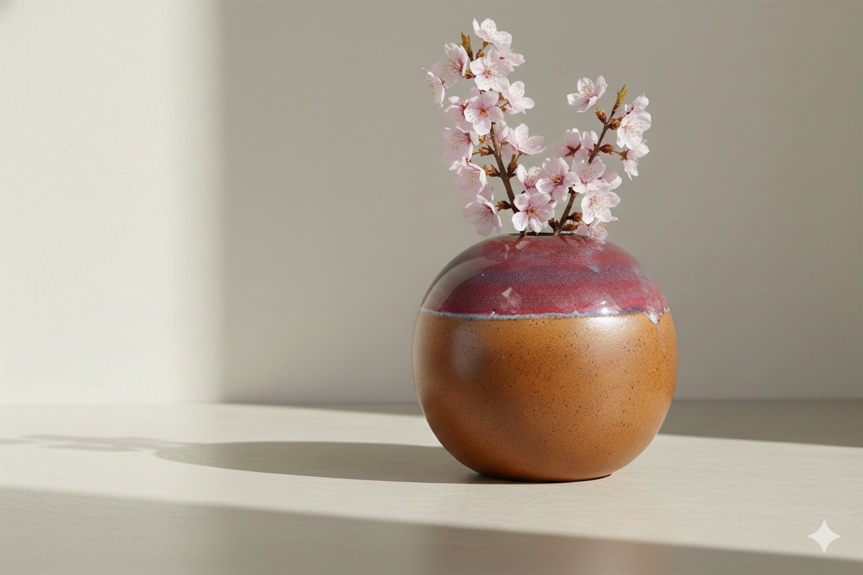 Vase with a pink floral arrangement on a neutral background
