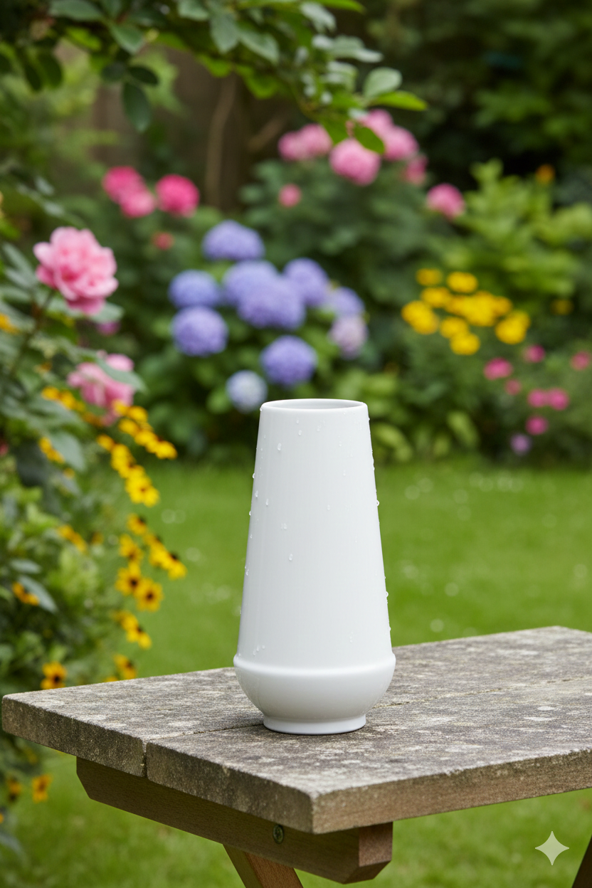 White vase on a wooden table with a garden background featuring flowers.