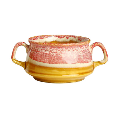 Caffeine Ceramic Handmade Pink and Brown Studio Double Handle Soup Bowls with Spoon Set 4 - Caffeine Premium Stoneware