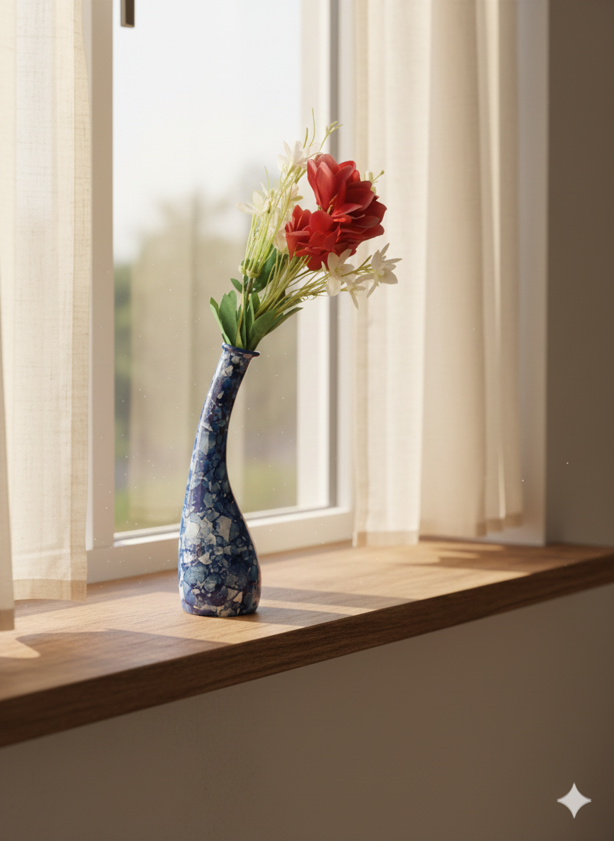 Decorative vase with red flowers on a windowsill
