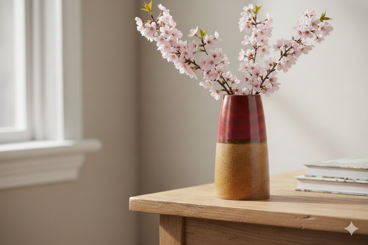 Vase with pink flowers on a wooden surface near a window