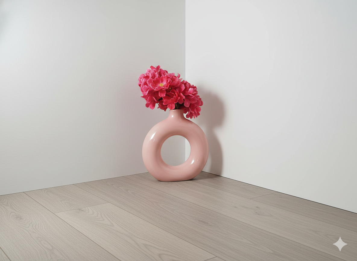 Pink vase with red flowers on a light wooden floor against a white wall