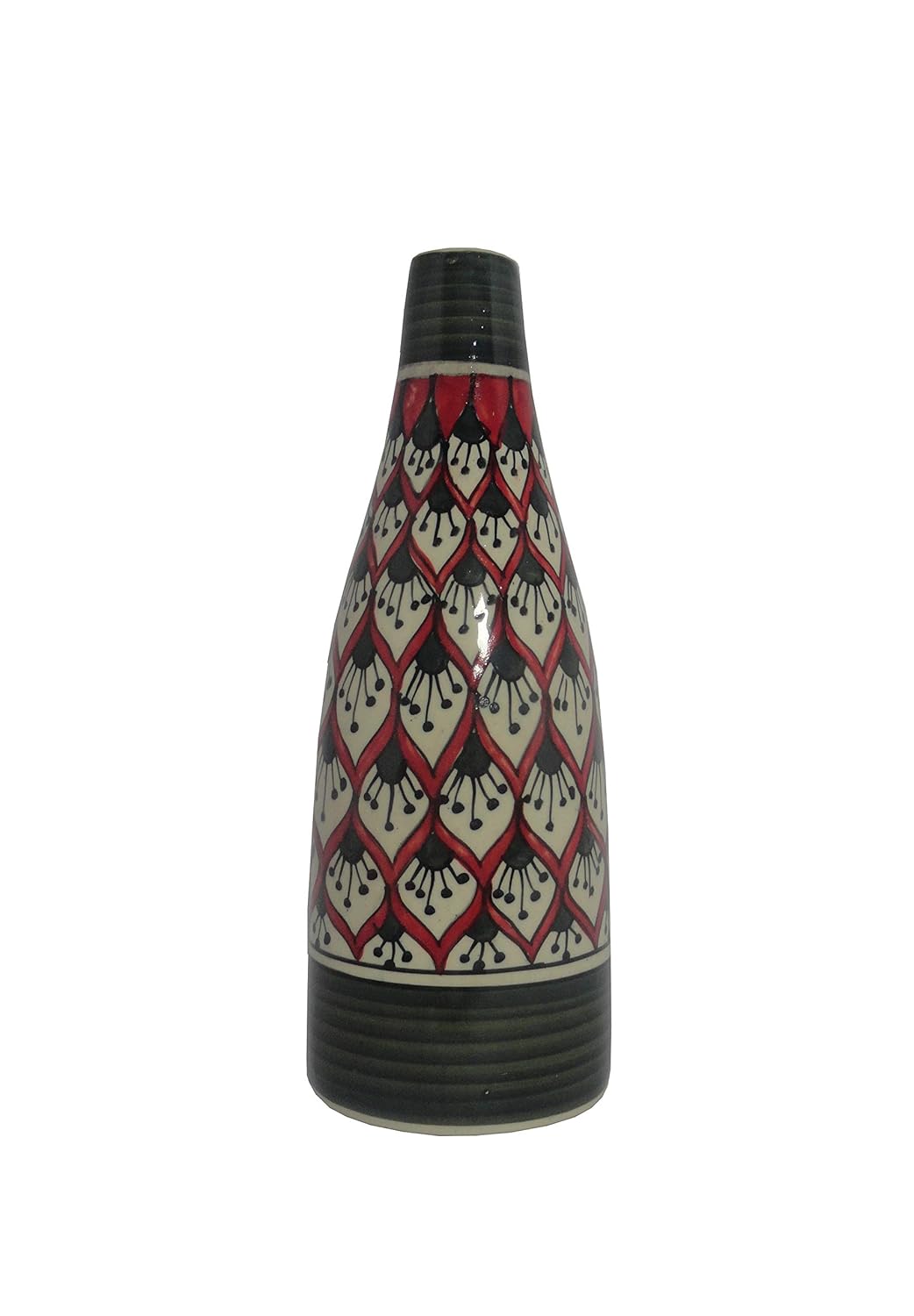 A handmade red ceramic vase with a geometric Morocco flower pattern and a glossy finish.