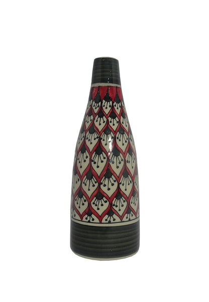 A handmade red ceramic vase with a geometric Morocco flower pattern and a glossy finish.