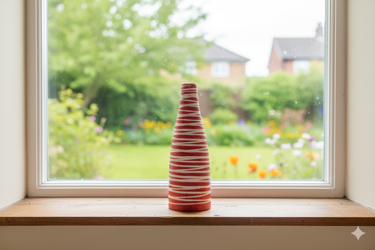 Decorative vase on a windowsill with a garden view