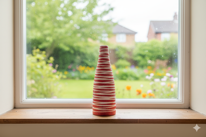 Decorative vase on a windowsill with a garden view