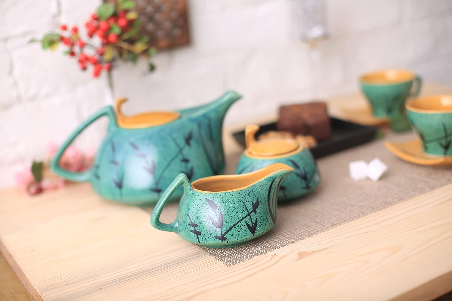 Caffeine Ceramic Handmade Stoneware Golden Turquoise Tea Set (Set of 15 pcs) - Caffeine Premium Stoneware