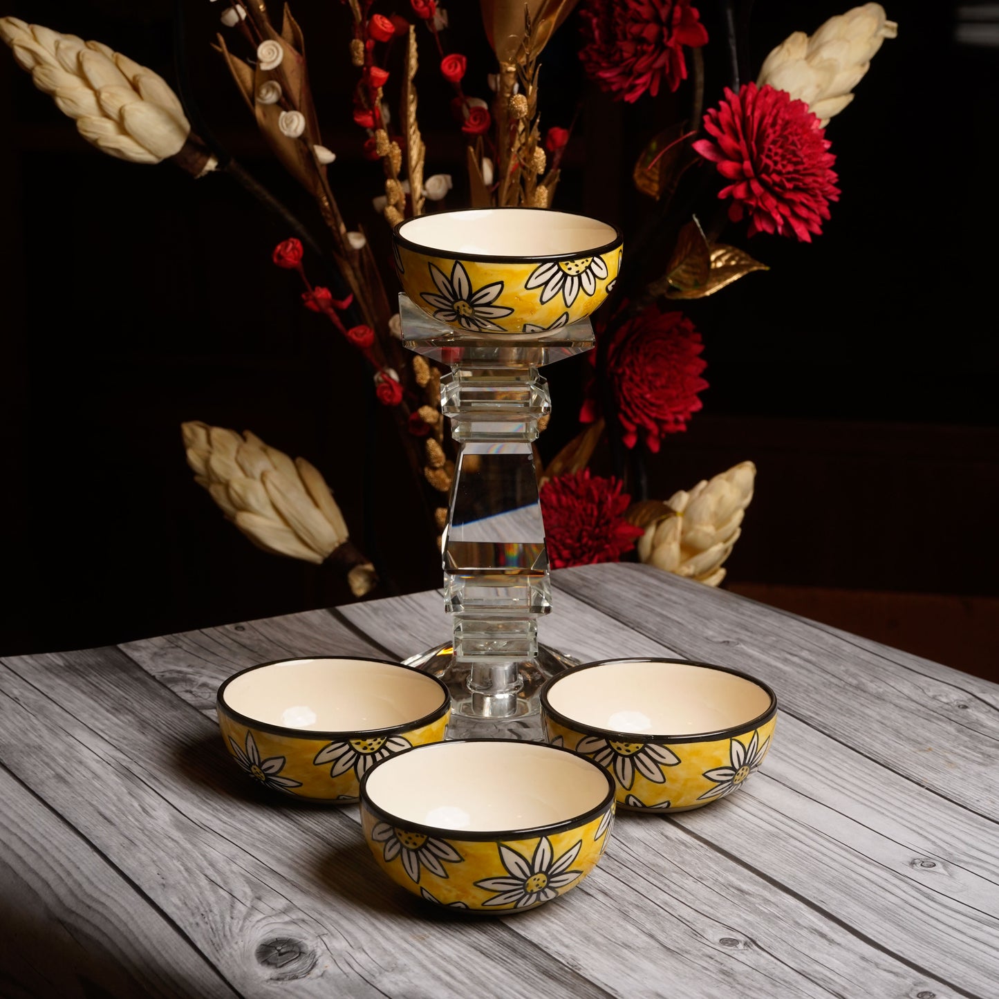 Caffeine Ceramic Handmade Californian Sunflower Printed Katori Bowl 200 ML Set of 4 - Caffeine Premium Stoneware