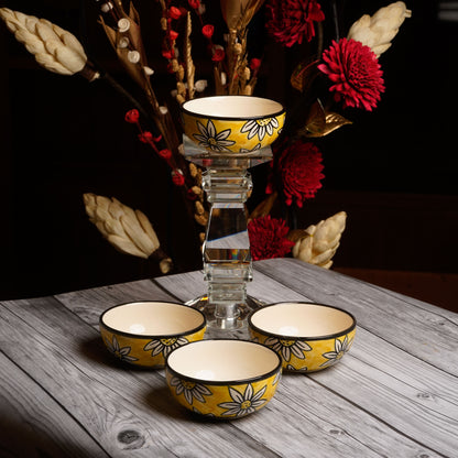 Caffeine Ceramic Handmade Californian Sunflower Printed Katori Bowl 200 ML Set of 4 - Caffeine Premium Stoneware