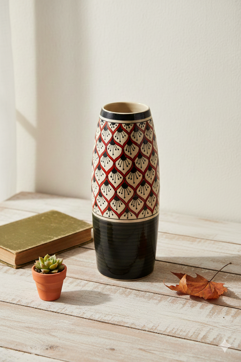 Decorative vase with geometric pattern on a wooden surface with a book and small plant.