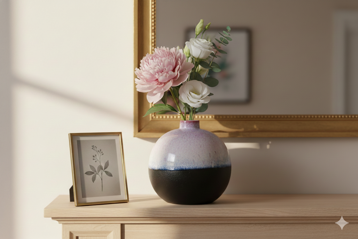 Decorative vase with flowers on a wooden surface next to a framed picture, with a gold-framed mirror in the background.