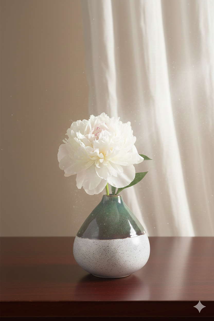 White flower in a small vase on a wooden surface with a neutral background