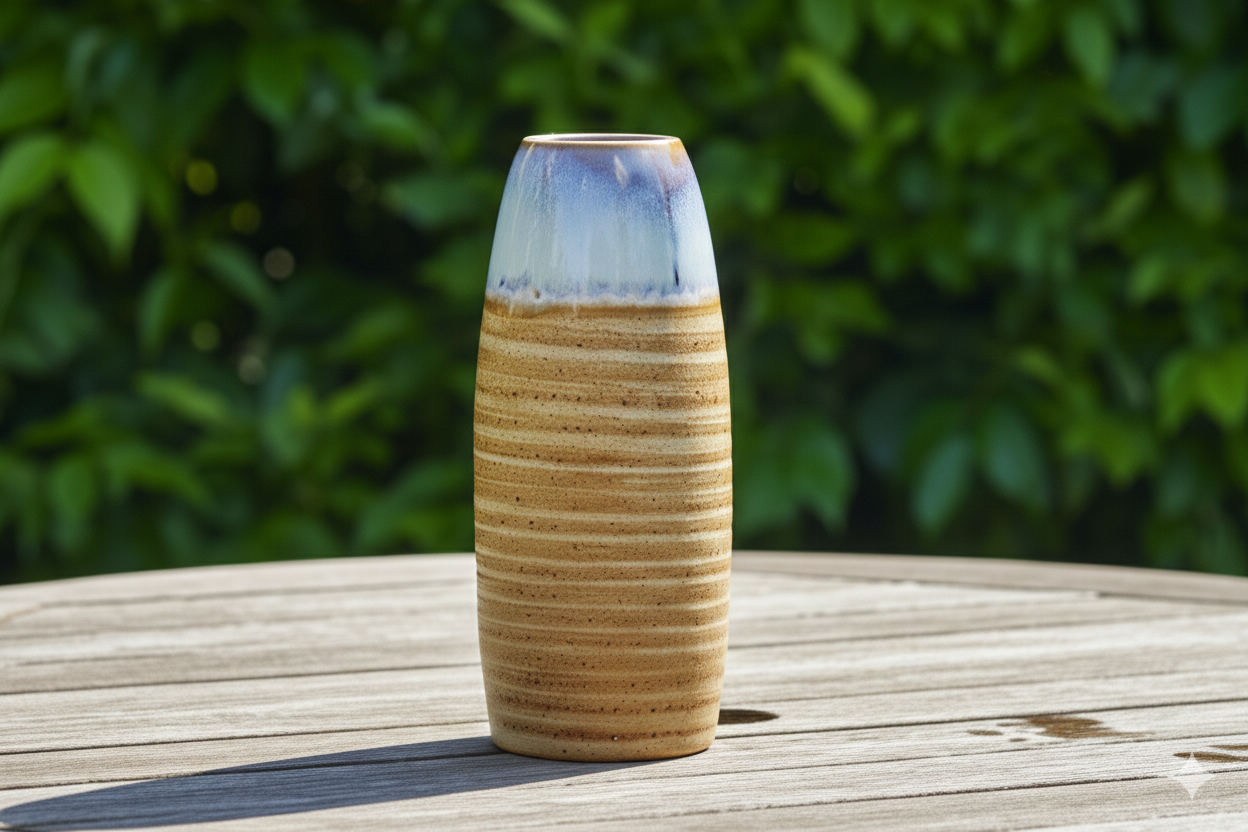 Ceramic vase with striped design on a wooden surface with a blurred green background