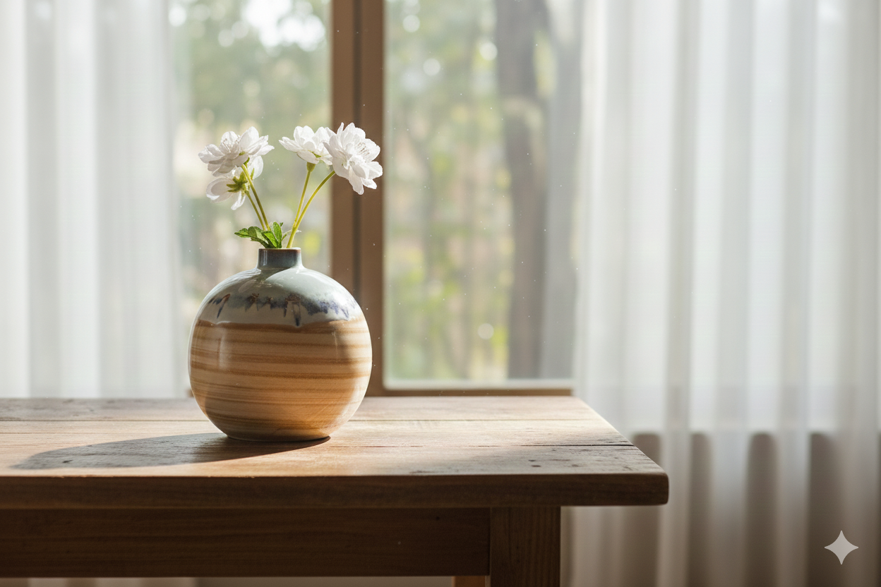 Ceramic vase with flowers on a wooden table by a window