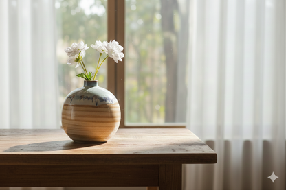 Ceramic vase with flowers on a wooden table by a window