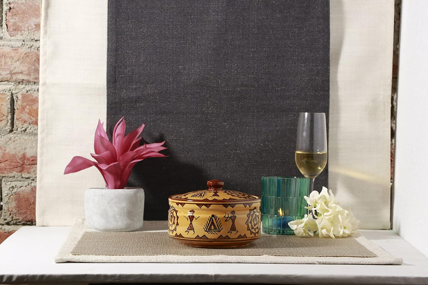 Caffeine Ceramic Handmade Mustard Romani Dinner Set (24 pcs.)