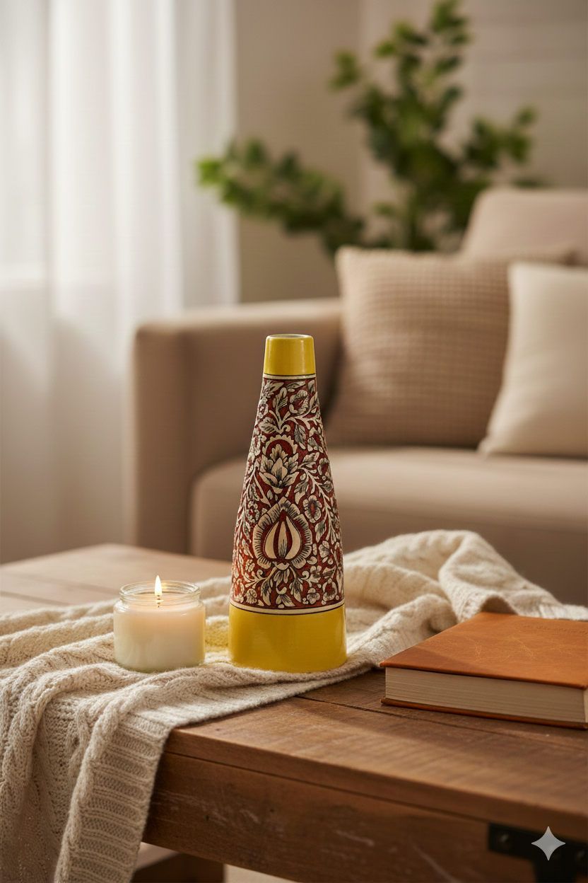 Decorative bottle with a yellow base and patterned body on a wooden table with a candle and book in a cozy living room.