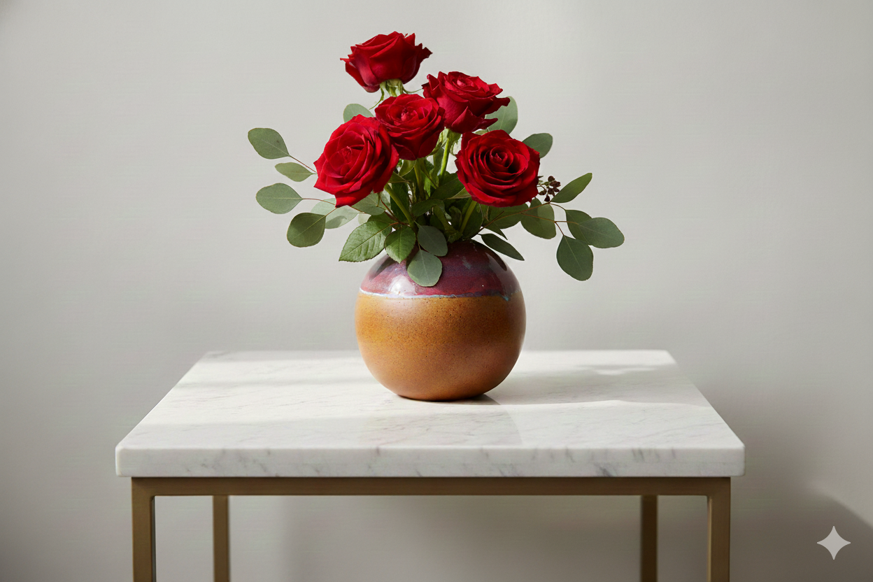 Bouquet of red roses in a two-toned vase on a marble table with a plain background