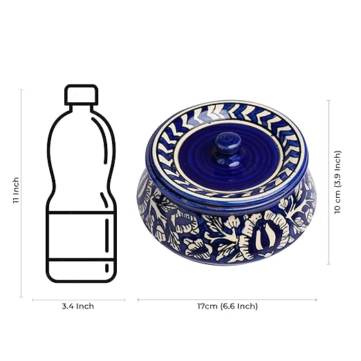 Caffeine Ceramic Handmade Blue Mughal Serving Handi with Lid (Set of 1) Large