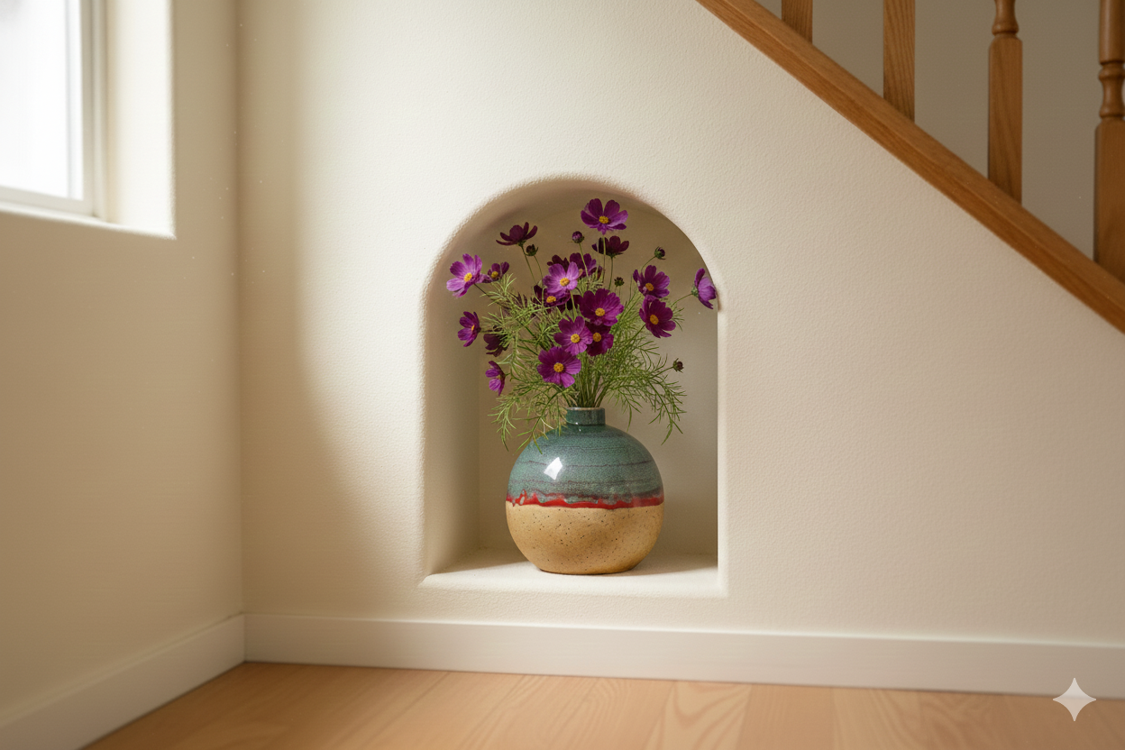 Decorative vase with flowers in a niche wall next to a staircase