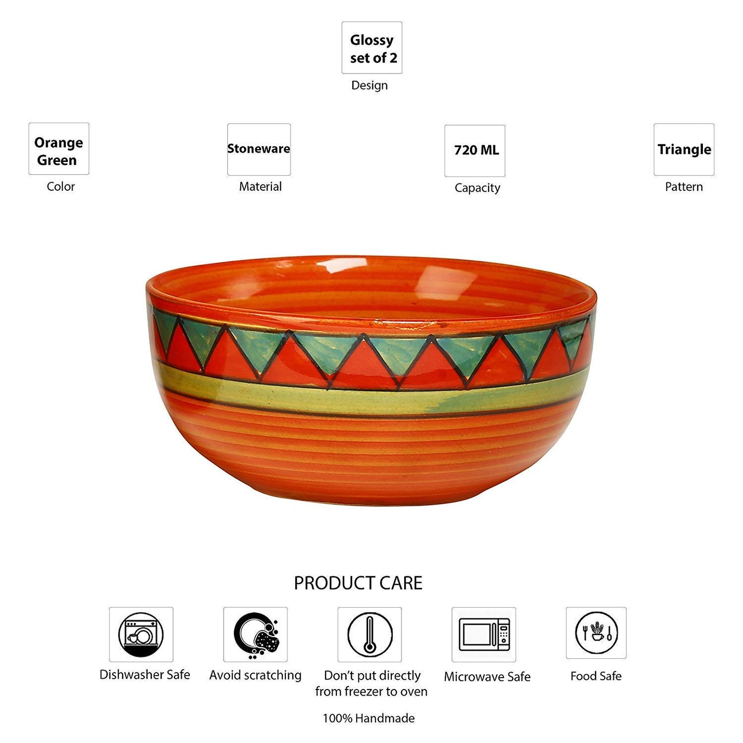 Caffeine Ceramic Handmade Orange and Green Triangles Design Soup Bowls with Spoon (Set of 2) - Caffeine Premium Stoneware