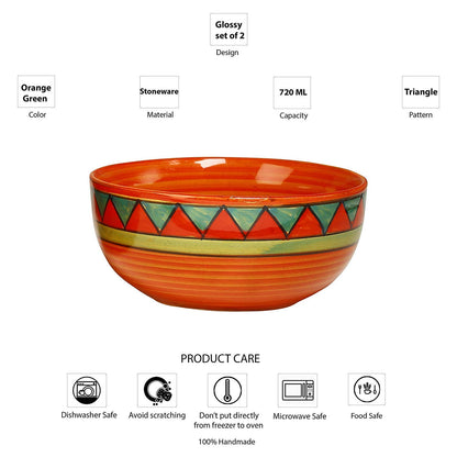 Caffeine Ceramic Handmade Orange and Green Triangles Design Soup Bowls with Spoon (Set of 2) - Caffeine Premium Stoneware