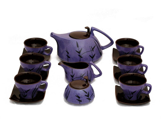 Caffeine Ceramic Handmade Stoneware Violet Matte Leaf Printed Tea Set 15pc - Caffeine Premium Stoneware