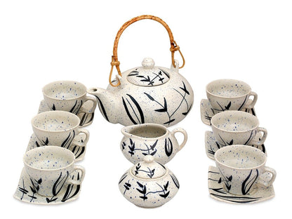 Caffeine Handmade Ceramic Tea Set (15-Piece) | Bamboo Design Stoneware ...