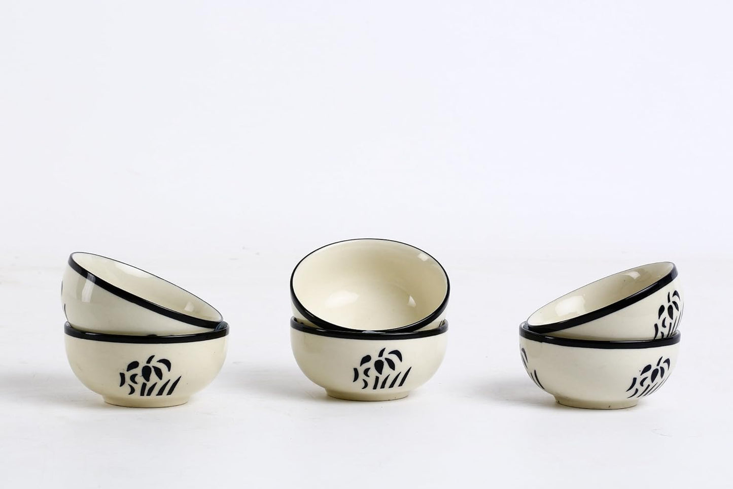 Caffeine Ceramic Handmade Glossy White & Black Dessert Bowl (Set of 6, 150 ml) - Caffeine Premium Stoneware