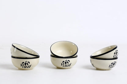 Caffeine Ceramic Handmade Glossy White & Black Dessert Bowl (Set of 6, 150 ml) - Caffeine Premium Stoneware