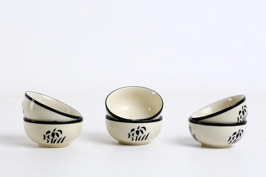 Caffeine Ceramic Handmade Glossy White & Black Dessert Bowl (Set of 6, 150 ml) - Caffeine Premium Stoneware