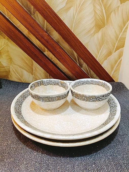 Caffeine Ceramic Handmade White Matte & Black Patta Combo Dinner Set of 4 - Caffeine Premium Stoneware