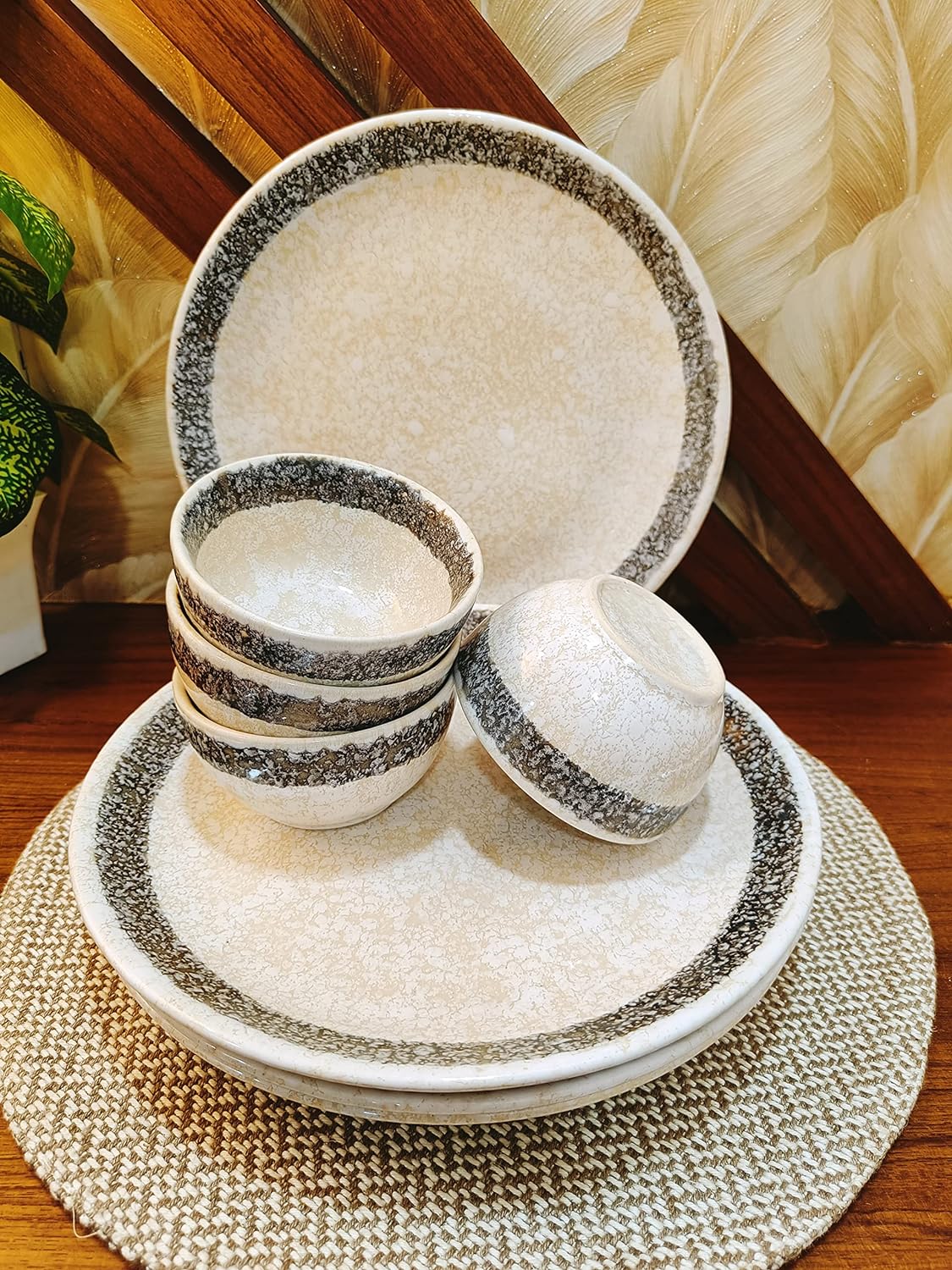 Caffeine Ceramic Stoneware Handmade White Matte & Black Patta Combo Dinner (Set of 8) - Caffeine Premium Stoneware