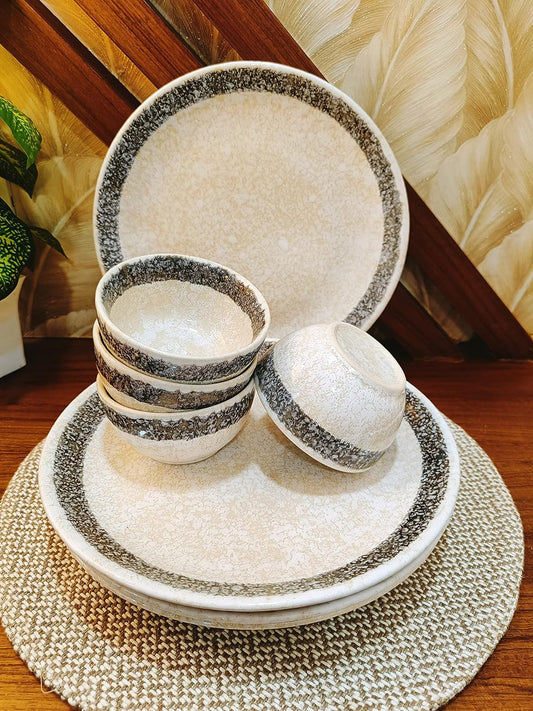 Caffeine Ceramic Stoneware Handmade White Matte & Black Patta Combo Dinner (Set of 8) - Caffeine Premium Stoneware
