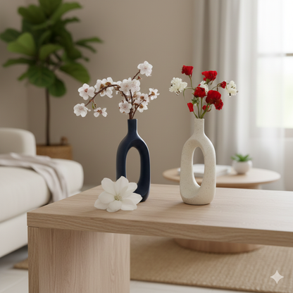 Two vases with flowers on a wooden coffee table in a living room setting.
