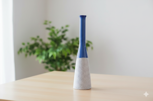 Blue and white ceramic vase on a wooden surface with a blurred plant in the background
