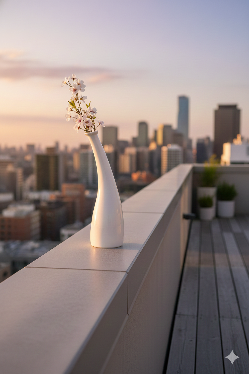 White vase with flowers on a rooftop deck with city skyline in the background
