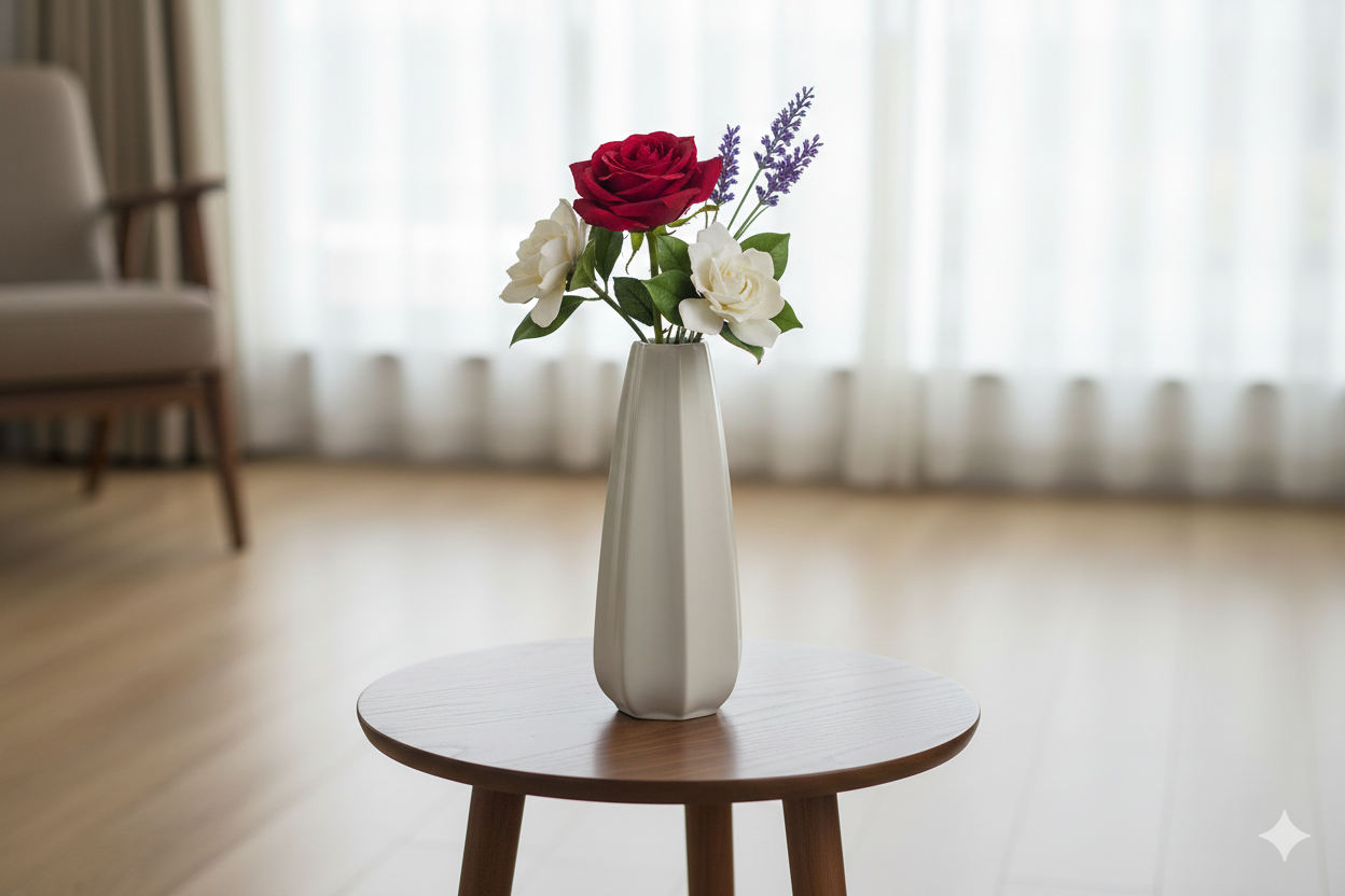 Vase with flowers on a wooden table in a room with curtains